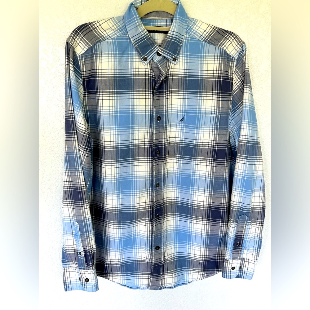 Nautical Light Blue Plaid Dress Shirt. Mens M. EUC.